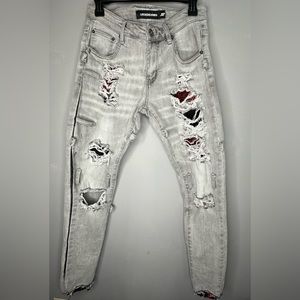 LOCKED & LOADED Jeans Sz 32 Authentic Straps Grey Wash & Red NO STRAPS HTF RARE